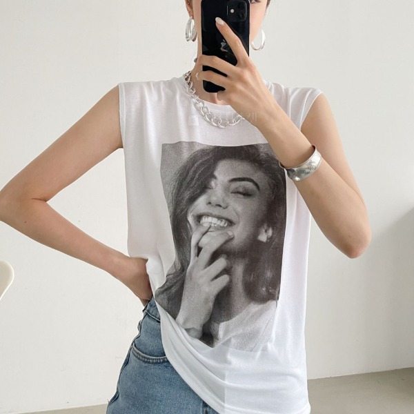 여성 흑백 프린팅 레이어드 나시 티셔츠 3color